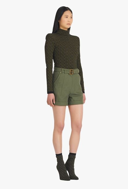 Khaki denim high-waisted shorts with Balmain buckle - 7