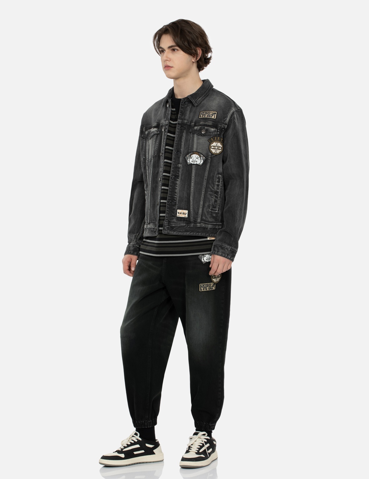 MULTI BADGES AND SEAGULL PRINT LOOSE FIT DENIM JOGGERS - 4