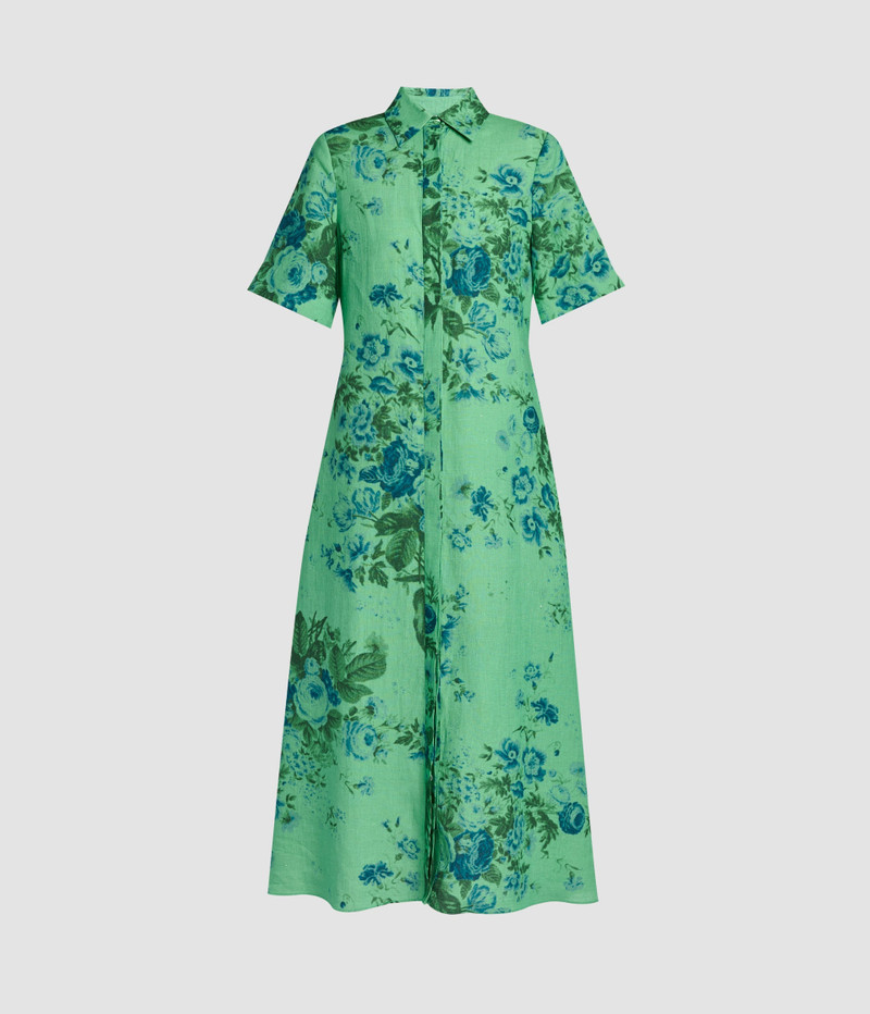 FLORAL PRINT LINEN TIE-WAIST MIDI SHIRT DRESS 1