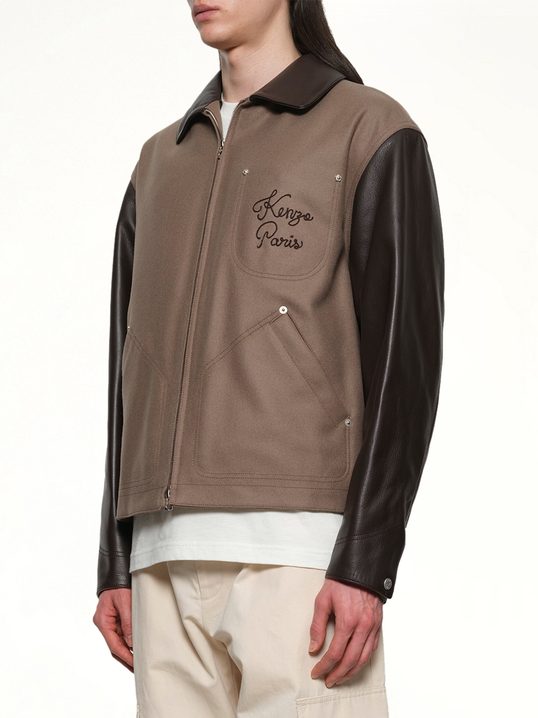 Kenzo Paris Chainstitch Leather Wool Blouson in Taupe - 3