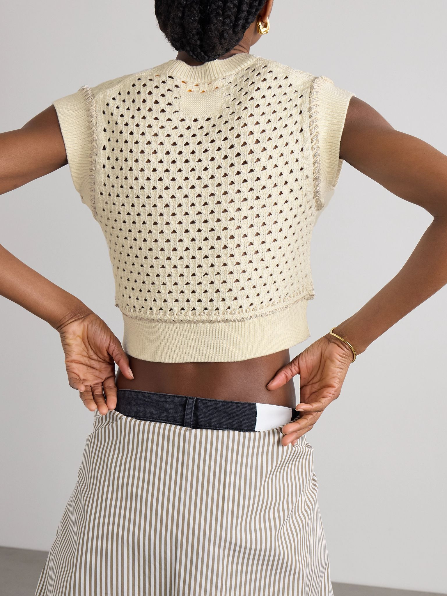 Cropped open-knit cotton vest Cream - 3