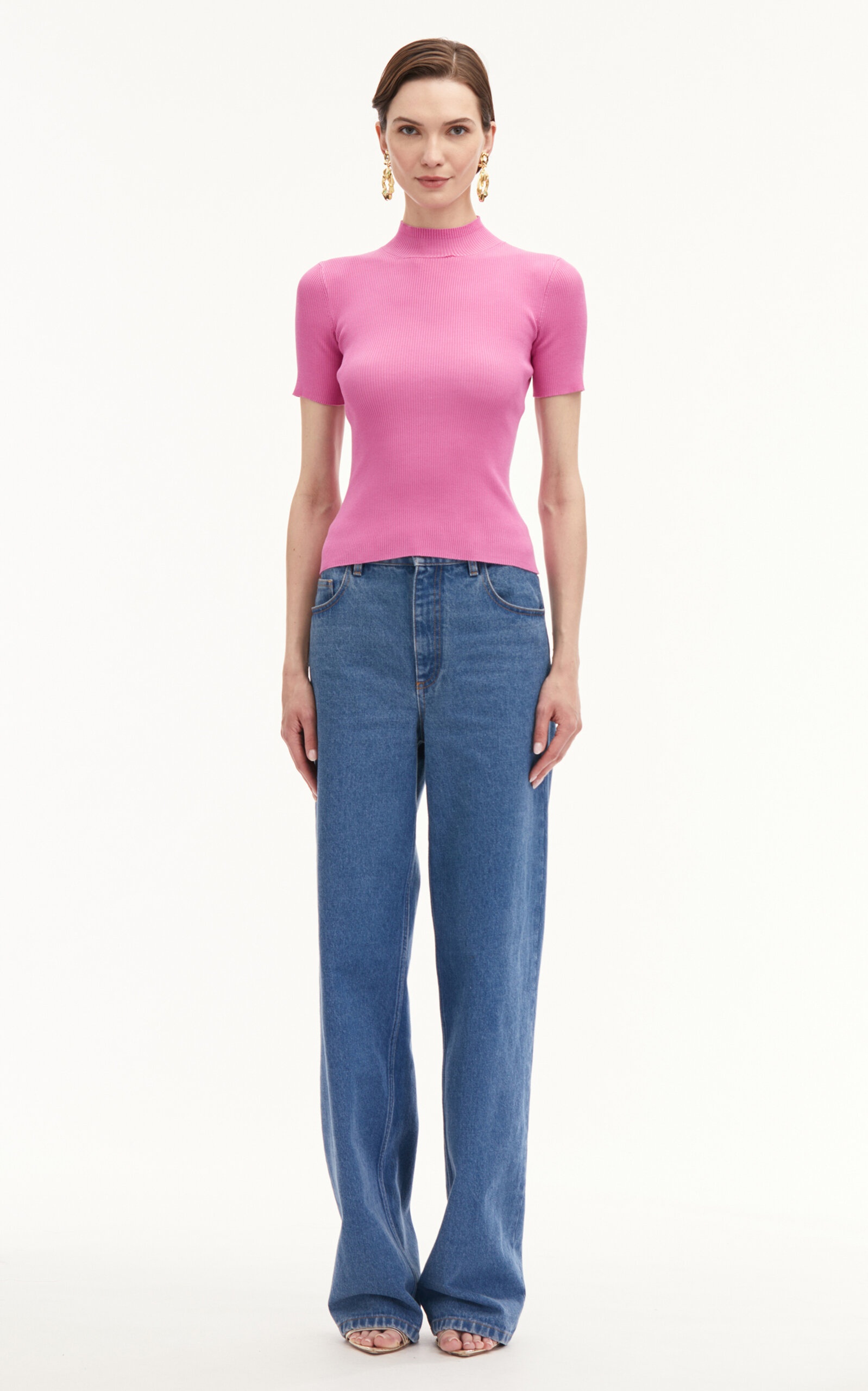 Short Sleeve  Mock Neck Pullover pink - 3