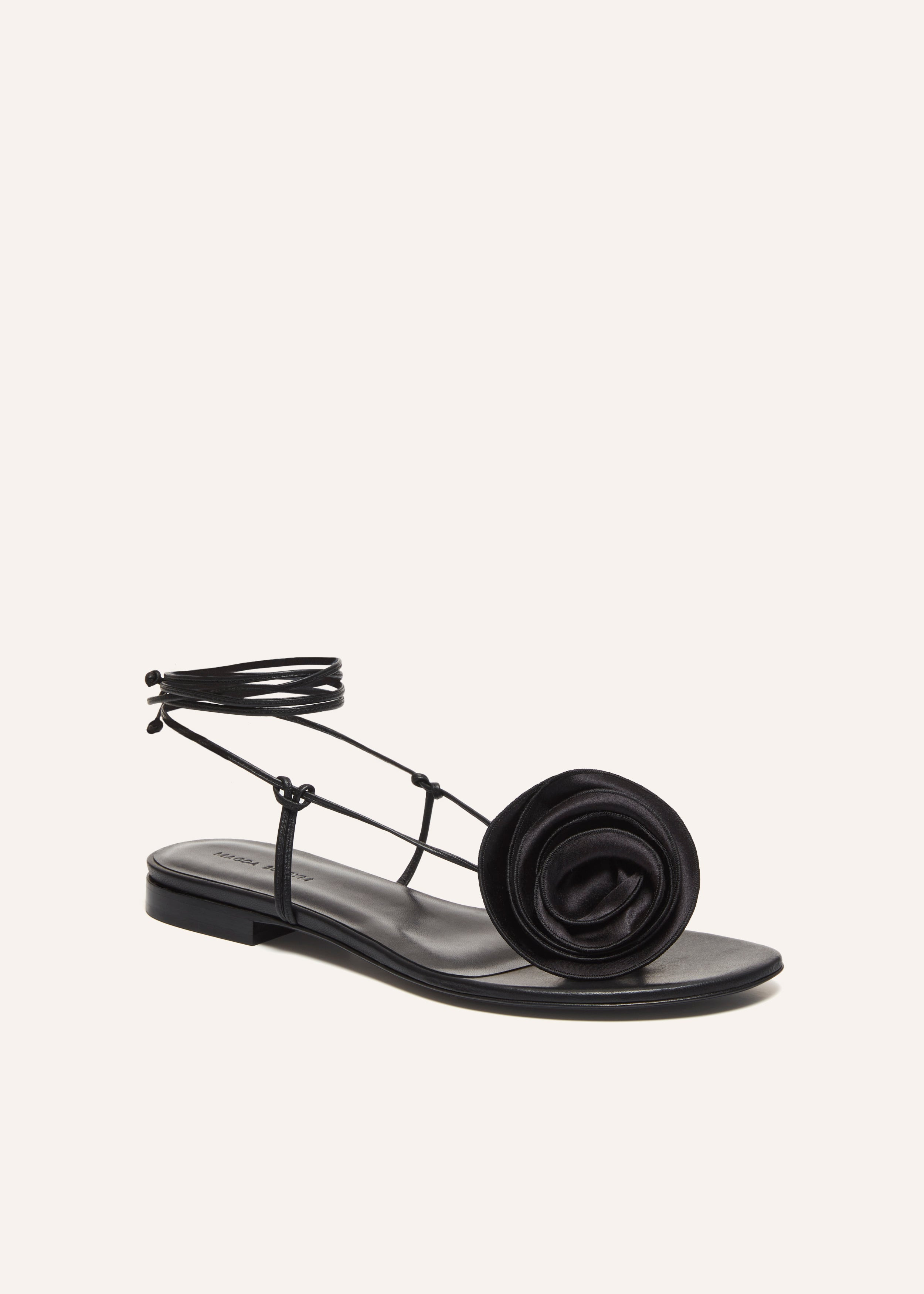 Wrap around flat flower sandals in black satin - 2