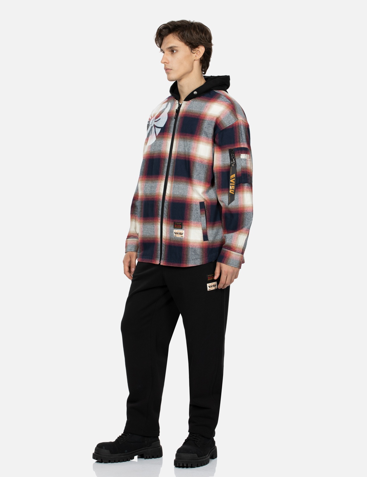 KAMON PRINT CHECKED LOOSE FIT SHIRT JACKET - 3