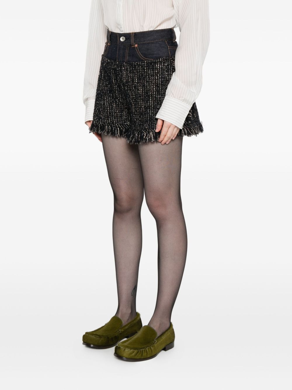 fringed tweed denim shorts - 4