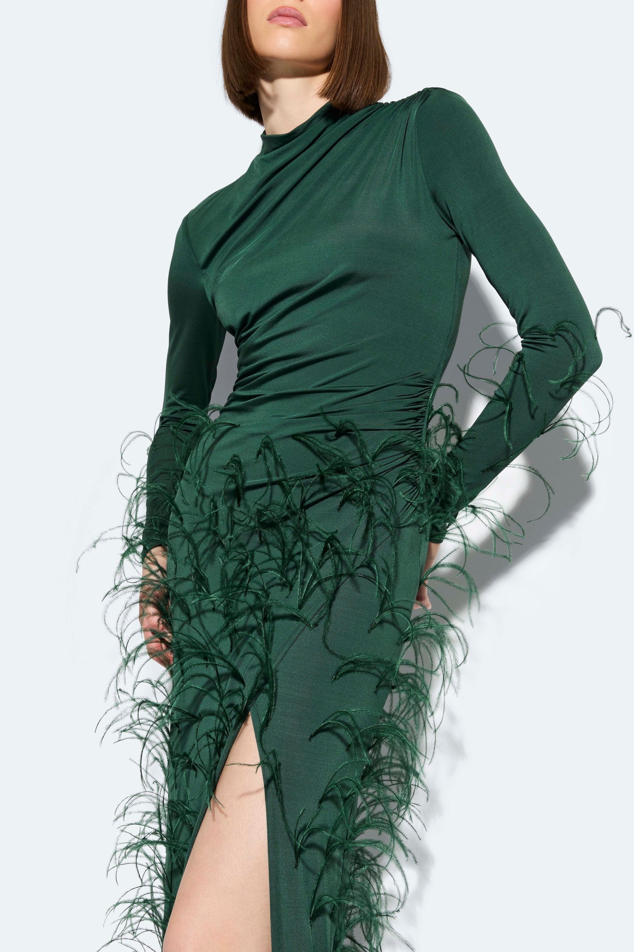 Jersey Draped Gown With Feathers - 4