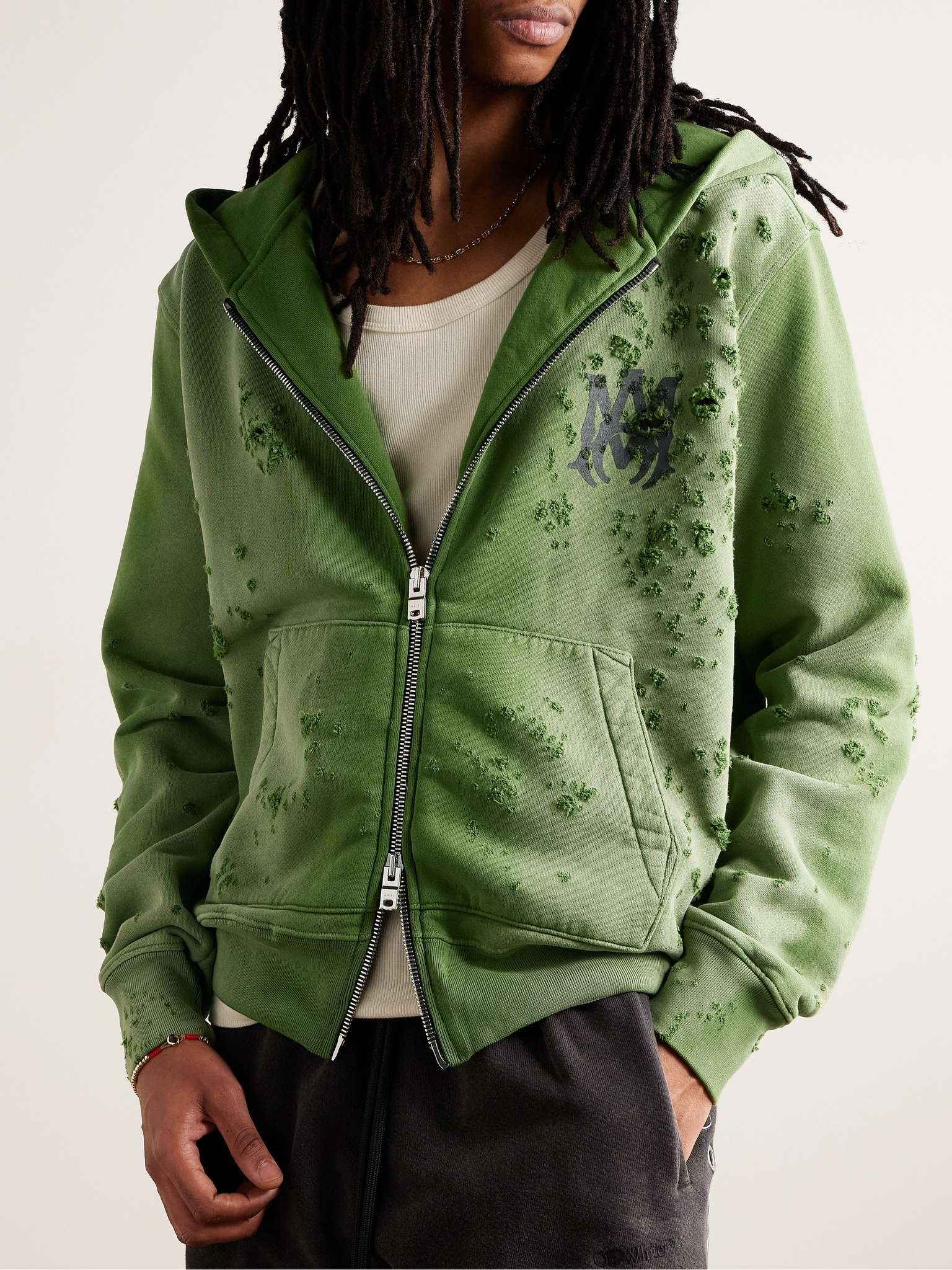 Distressed Logo-Print Cotton-Jersey Zip-Up Hoodie - 3