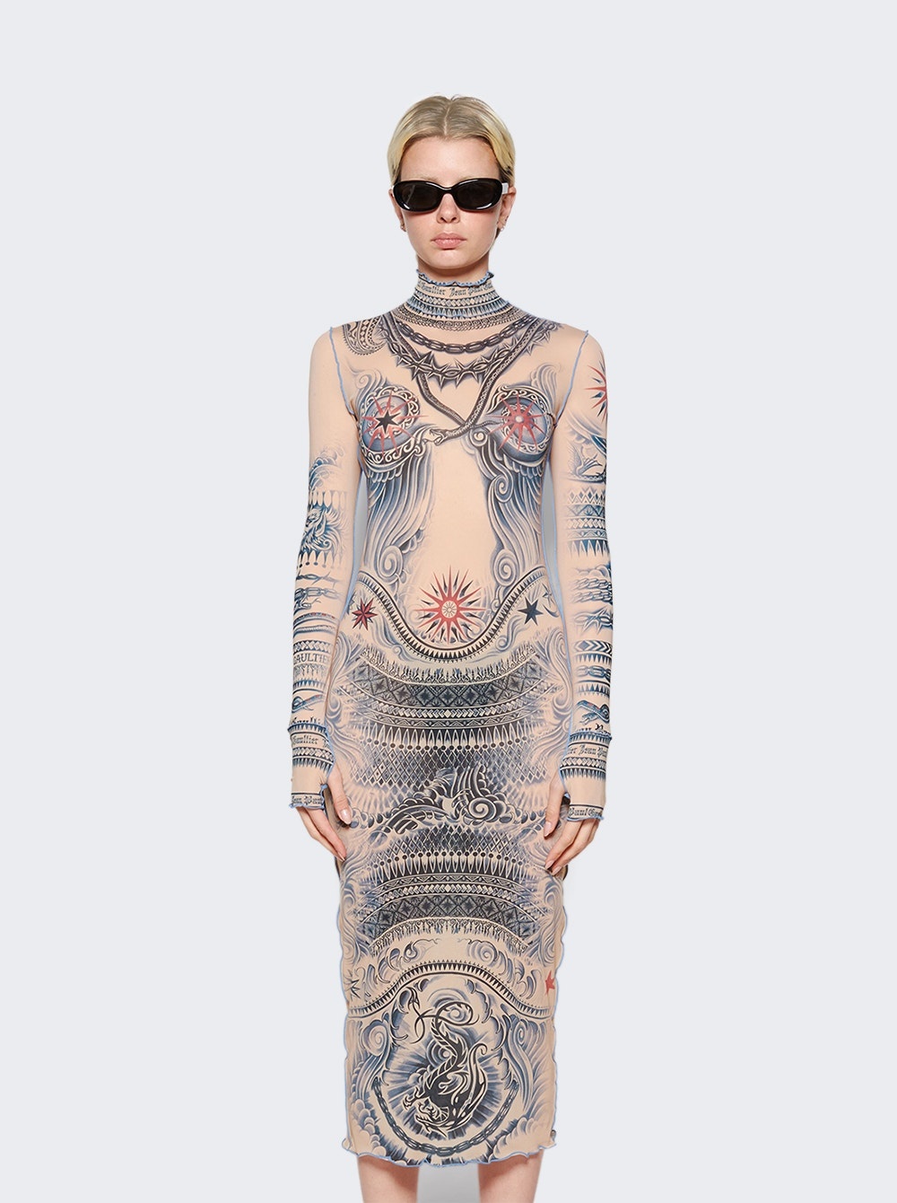 High Neck Printed Soleil Dress Nude And Blue - 3