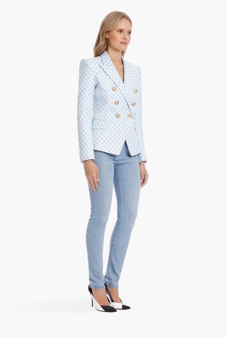 Blue and white gingham-print cotton blazer - 7