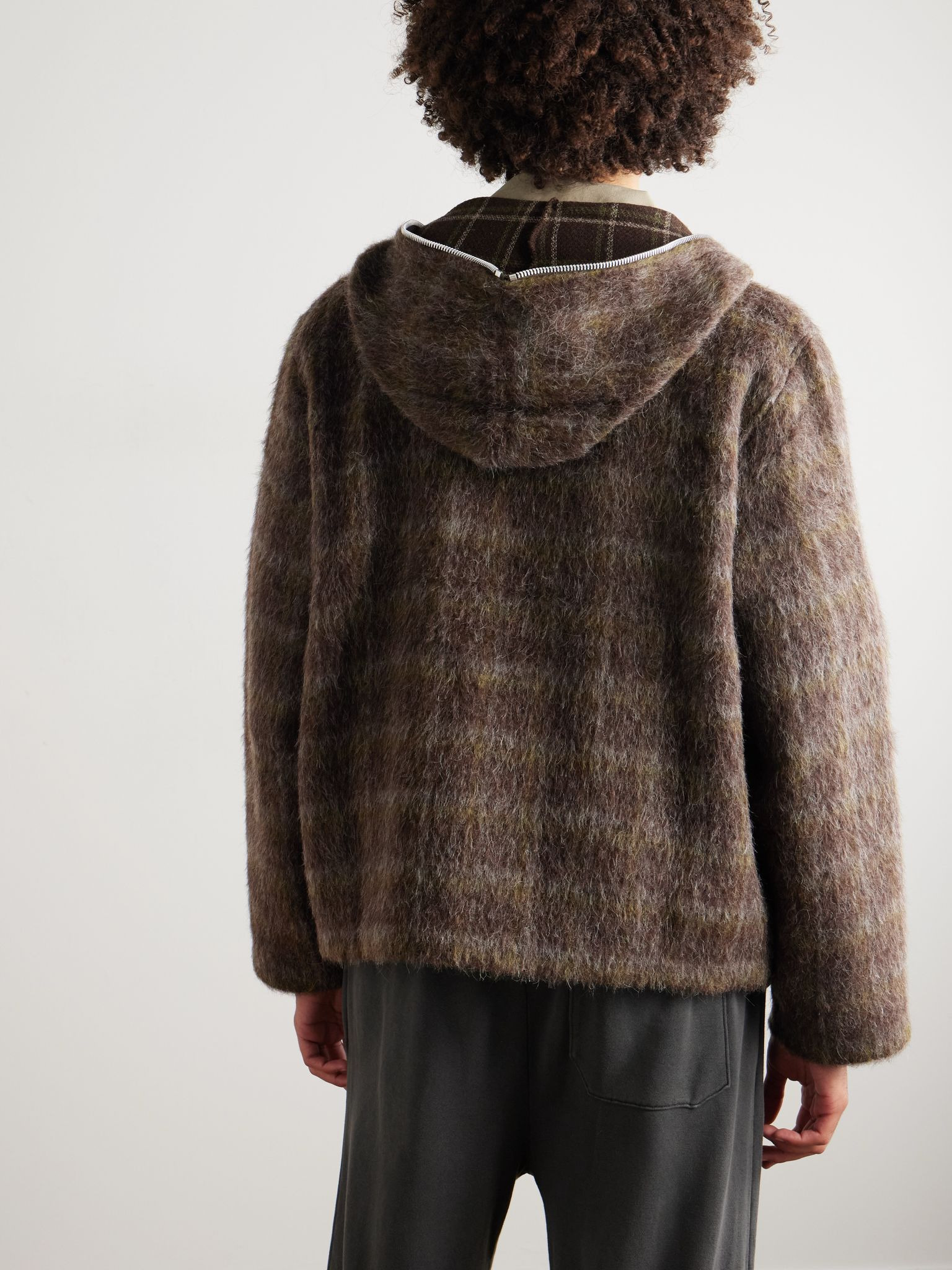 Checked Brushed-Knit Zip-Up Hoodie Brown - 4