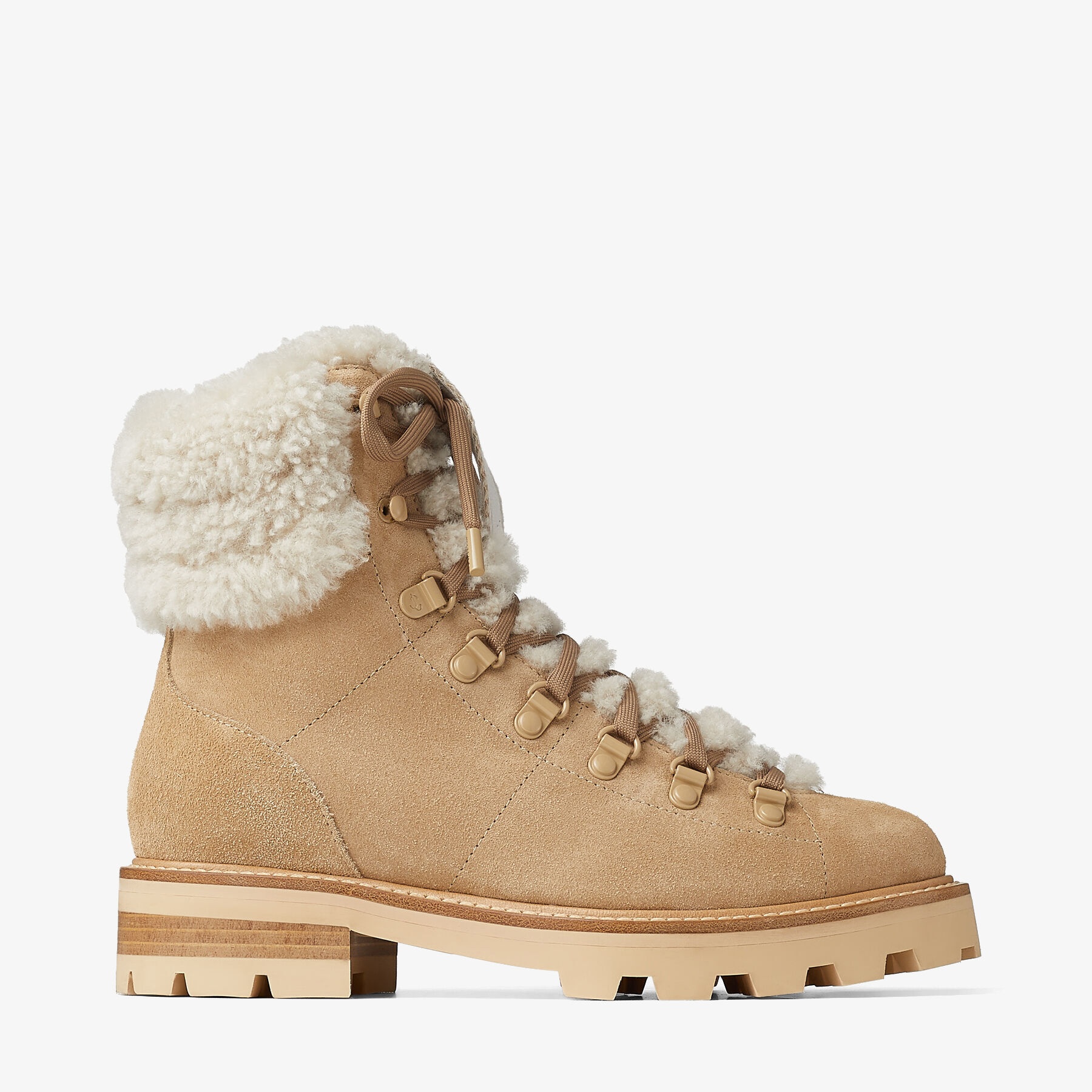 Eshe Flat Shearling
Stucco Suede Hiking Boots with Natural Shearling Collar - 1