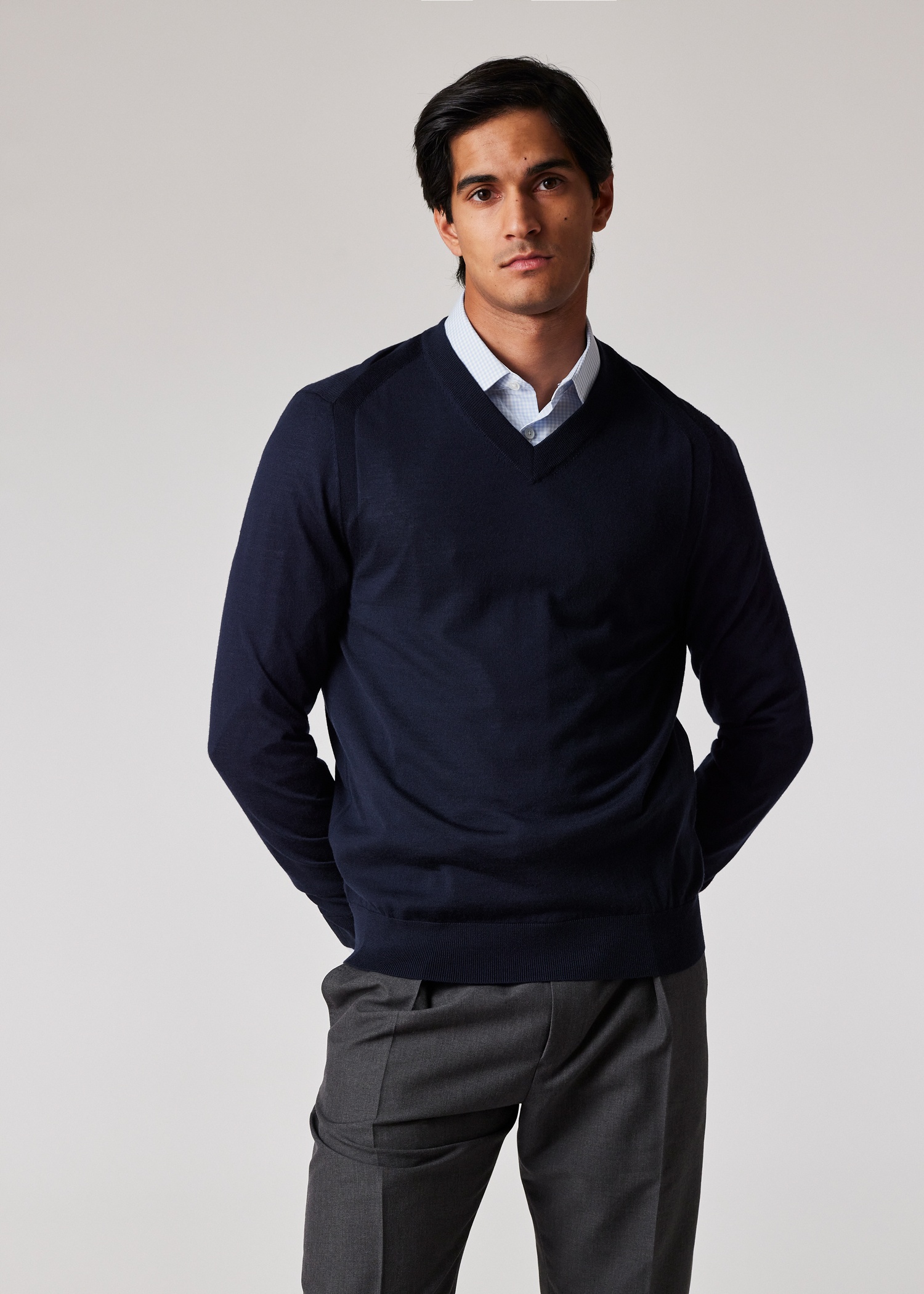 Navy Merino V-Neck Sweater - 4