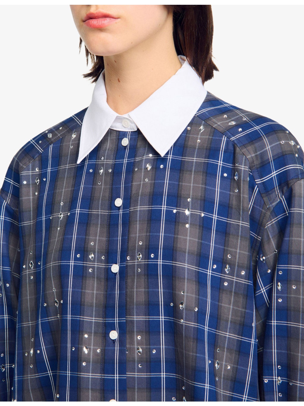 Rhinestone-Embellished Relaxed-Fit Checked Cotton Shirt - 5