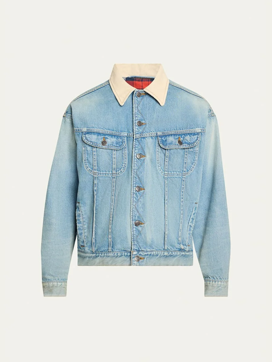 Men's Denim Jacket with Corduroy Collar - 1