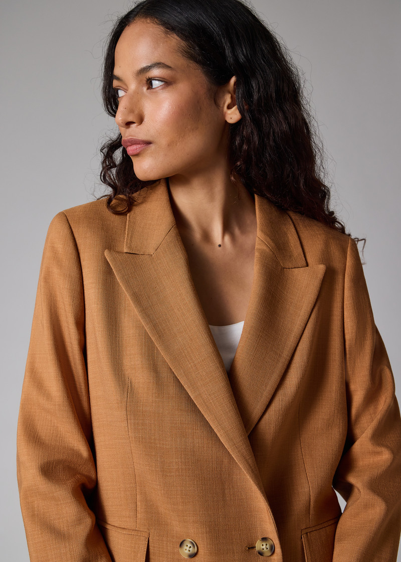 Women's Tan Textured Double-Breasted Blazer 9