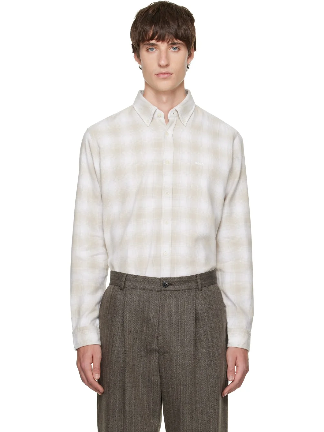 Beige Regular-Fit Button-Down Check Flannel Shirt - 1