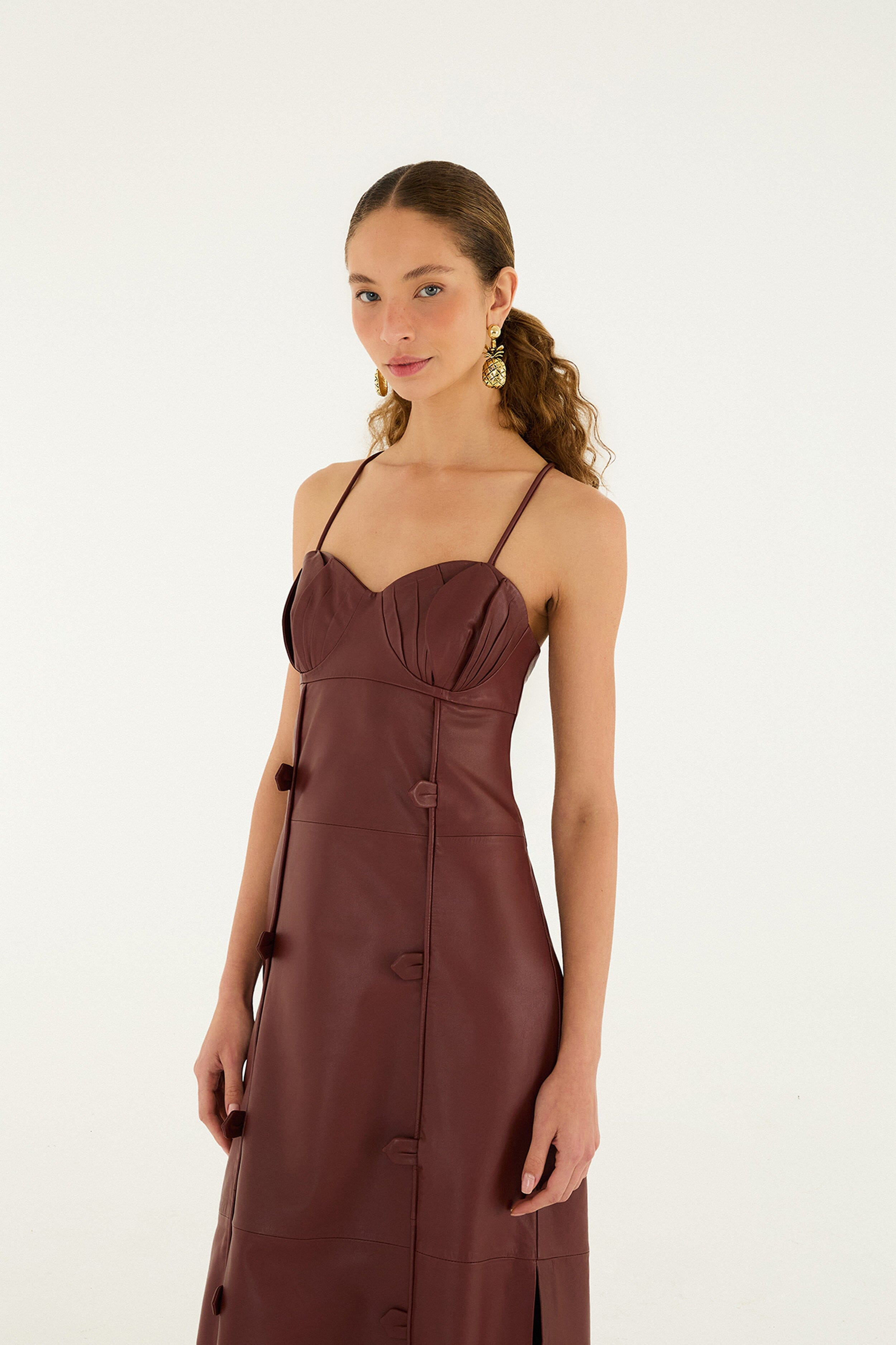 Burgundy 3D Flower Side Slit Leather Midi Dress - 4