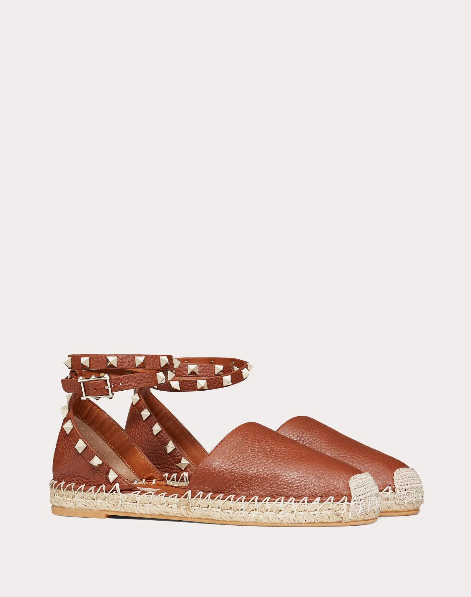 Grain Calfskin Leather Rockstud Double Flat Espadrilles - 2