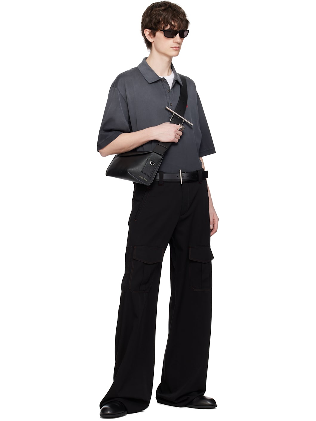 Black Wool Overdyed Low-Rise Cargo Pants - 5