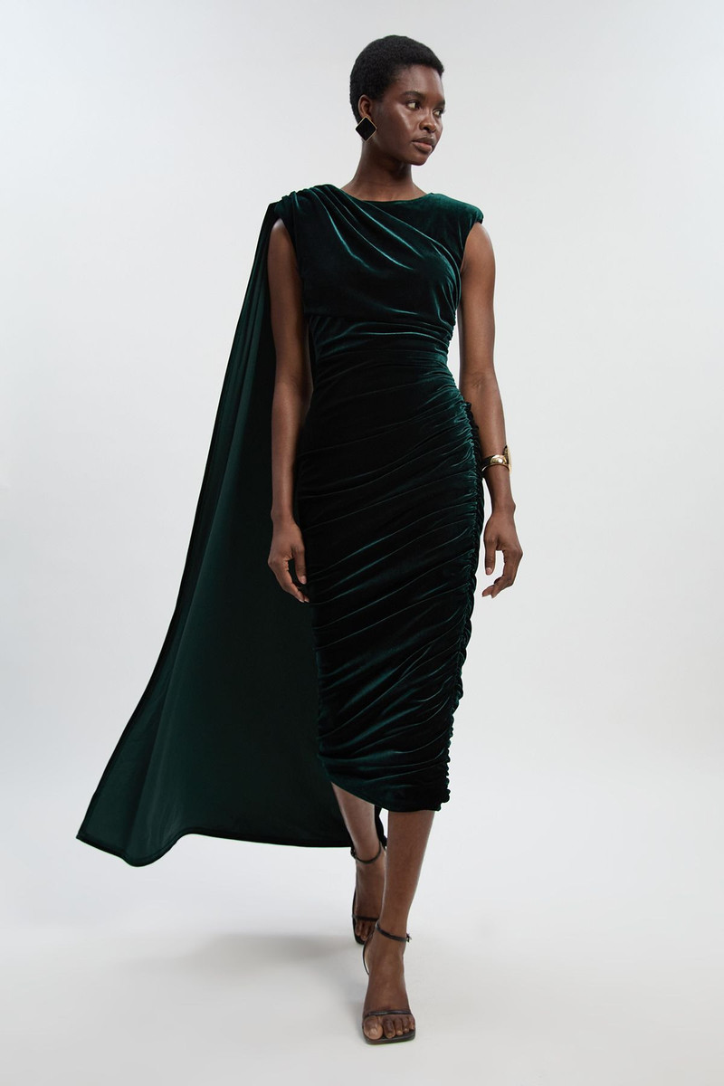 KAREN MILLEN Stretch Velvet Crew Neck Cape Shoulder Maxi Dress outlook