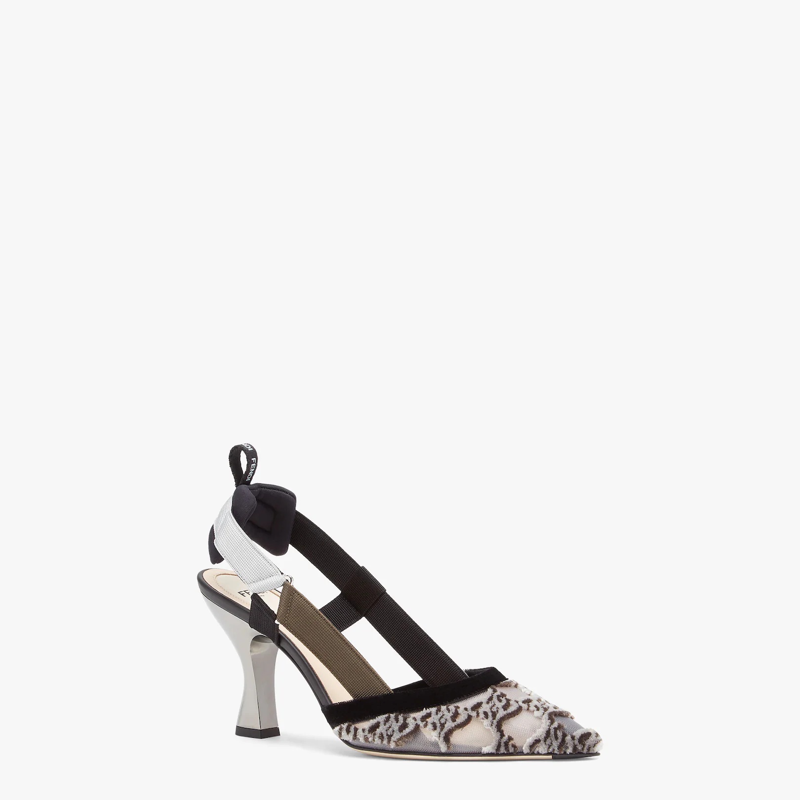 Gray mesh and embroidery high-heeled slingbacks - 2