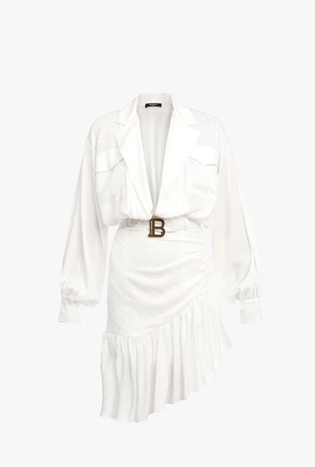 White silk shirt dress and Balmain logo belt - 1