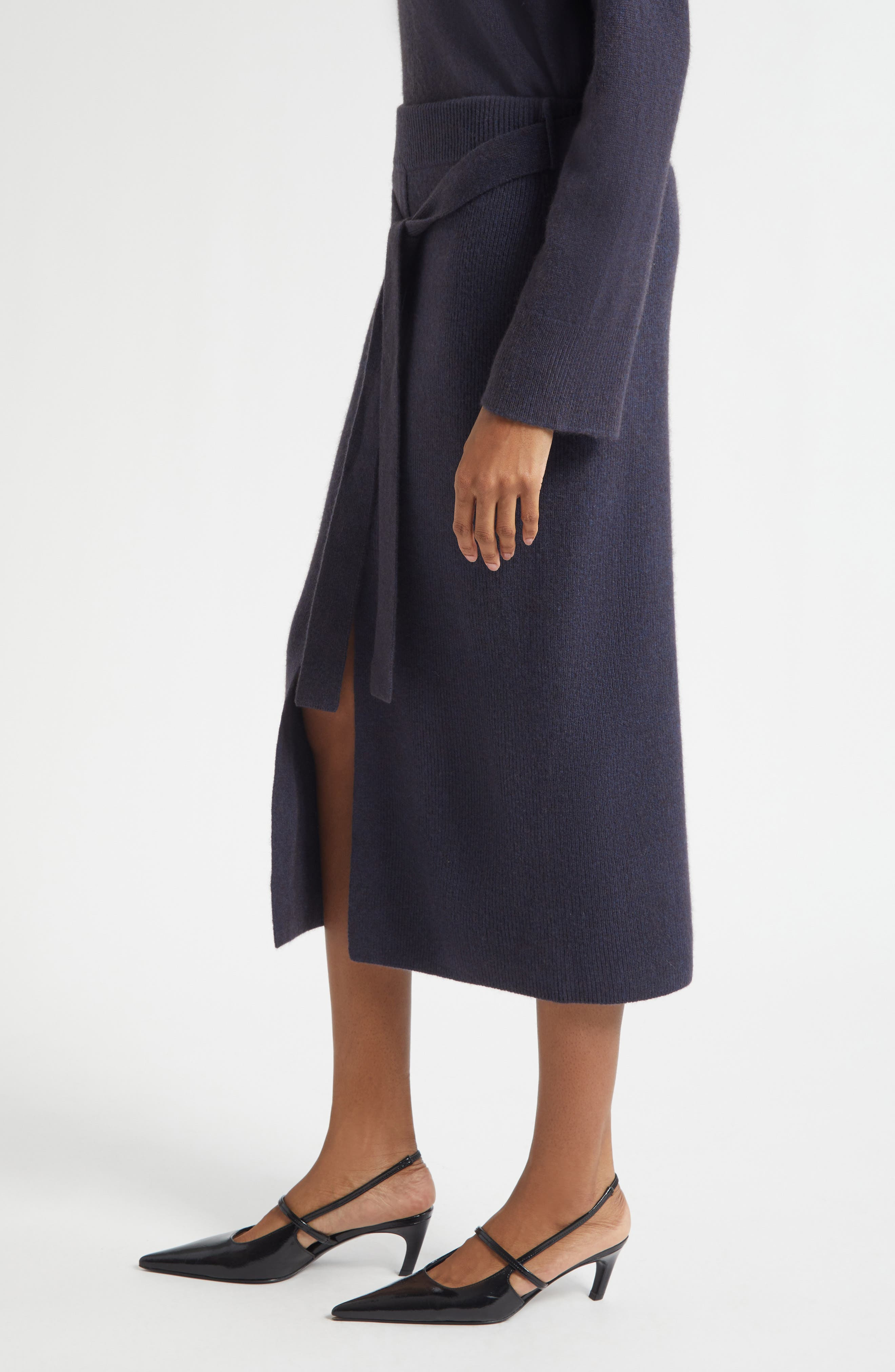 Emporio Armani Tie Waist Wool Midi Skirt in Solid Medium Blue at Nordstrom - 4