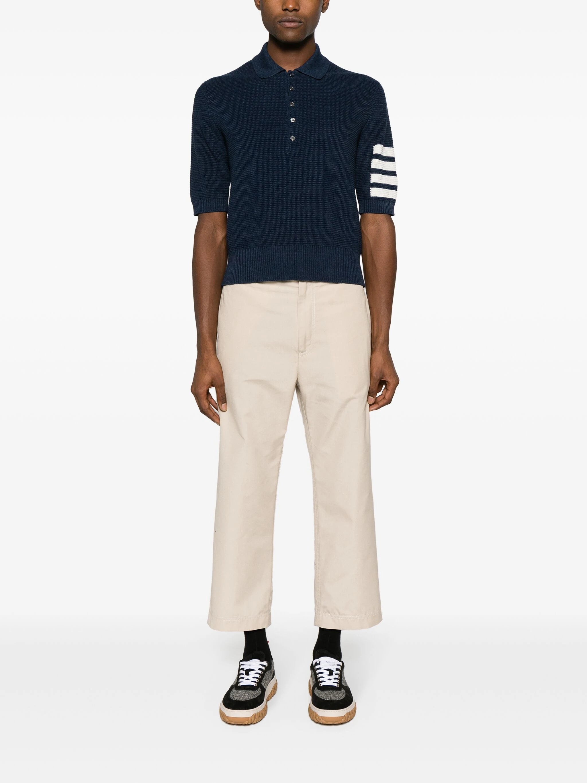 THOM BROWNE Men Textured Stitch Relaxed Fit SS Polo In Linen Cotton Blend W/4 Bar Stripes Intarsia - 4