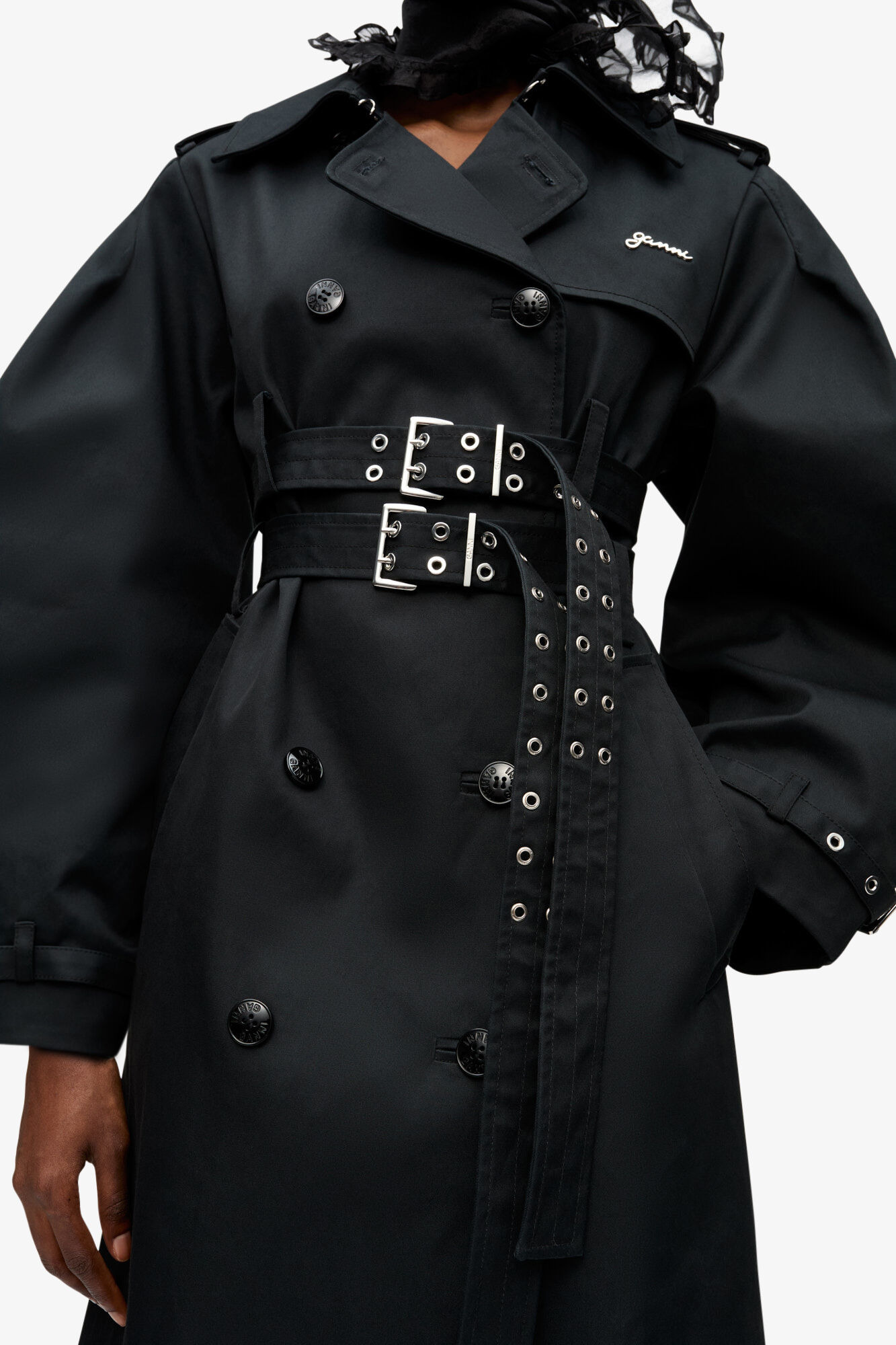 BLACK BONDED COTTON TRENCH COAT - 4