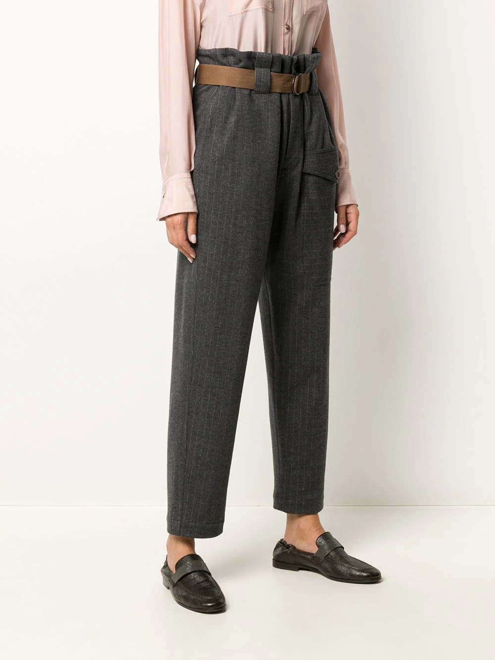 pinstriped belted trousers - 3