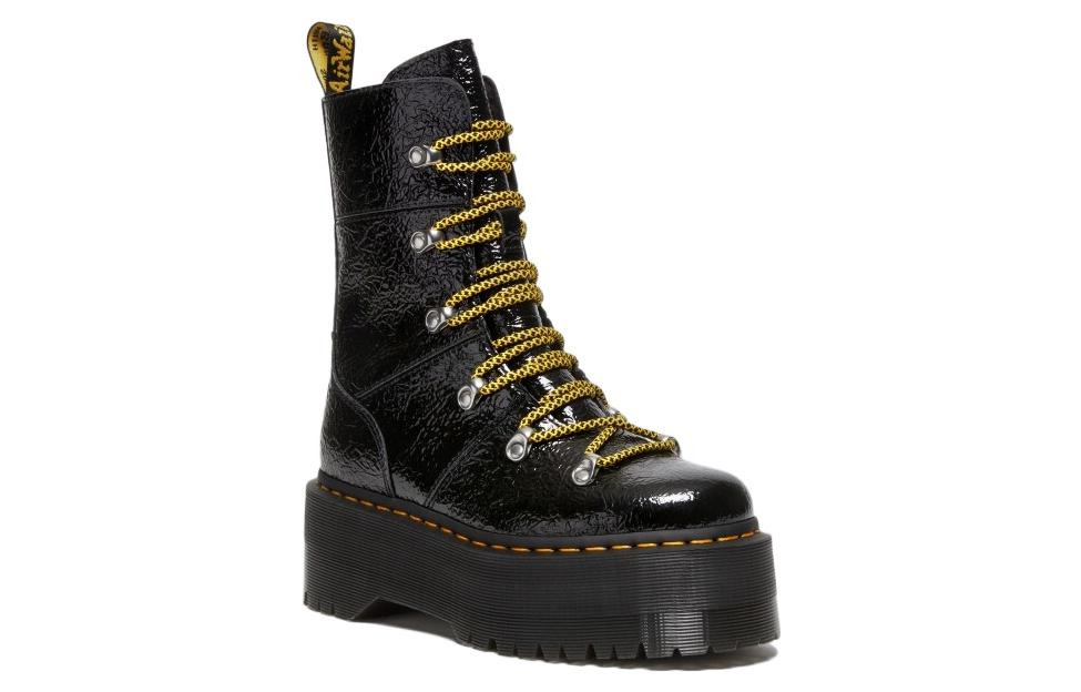 (WMNS) Dr. Martens Ghilana Max Distressed Patent Leather Platform Boots 'Black' 27788001 - 2