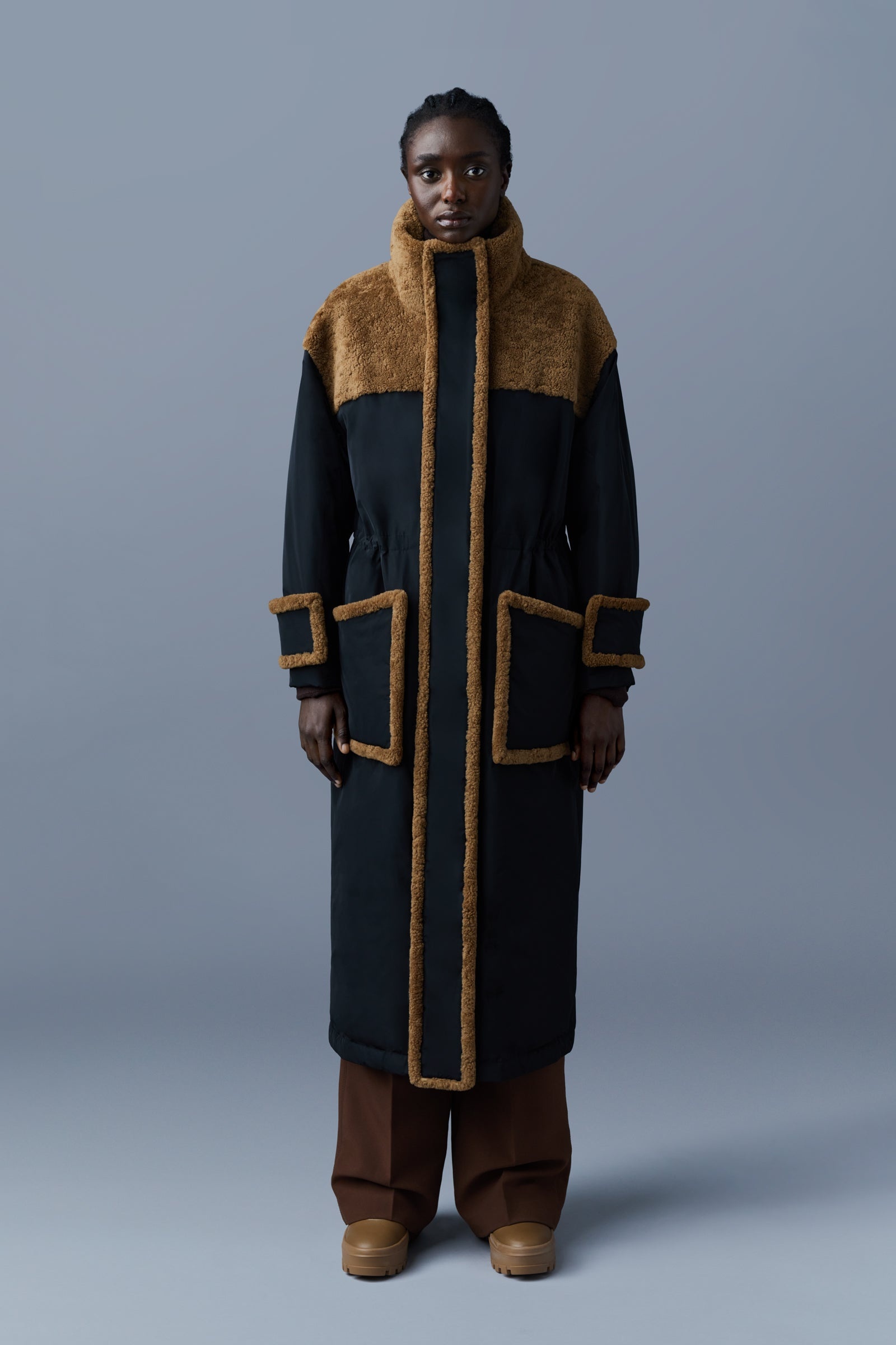 KENZA shearling-trimmed mixed media down coat - 2