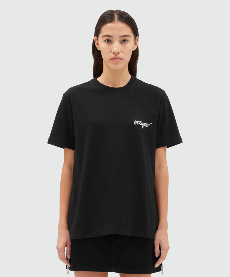 MSGM Black jersey T-shirt with embroidered cursive logo outlook