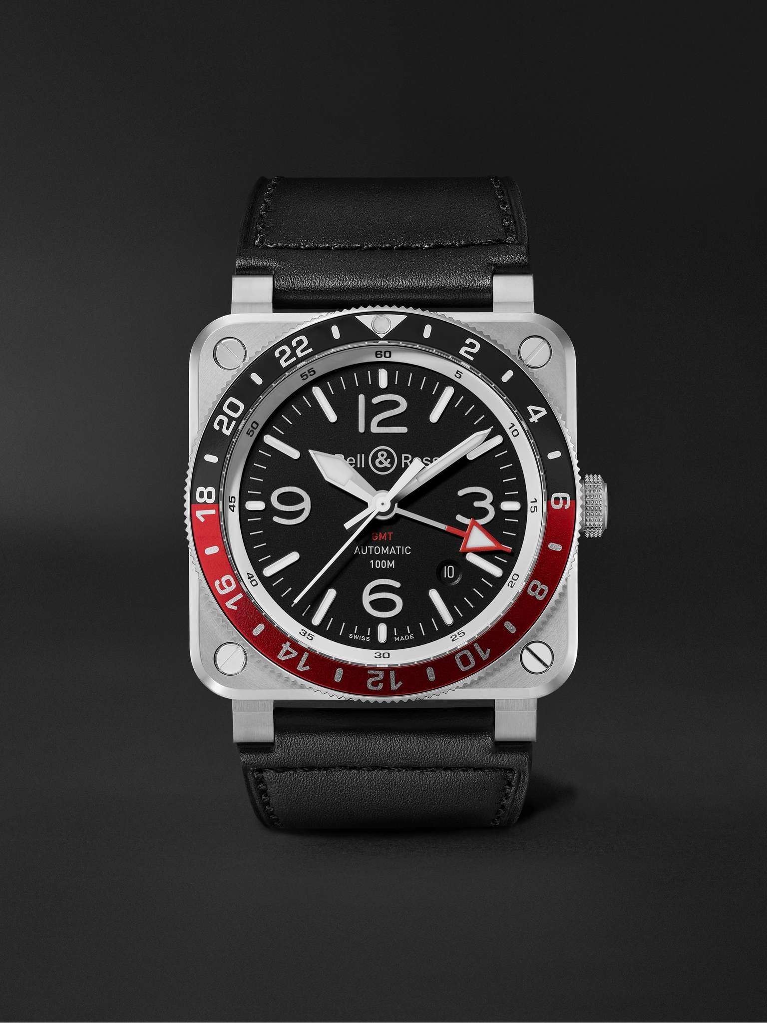 BR 03-93 GMT Automatic 42mm Stainless Steel and Leather Watch, Ref. No. BR0393-BL-ST/SCA - 1