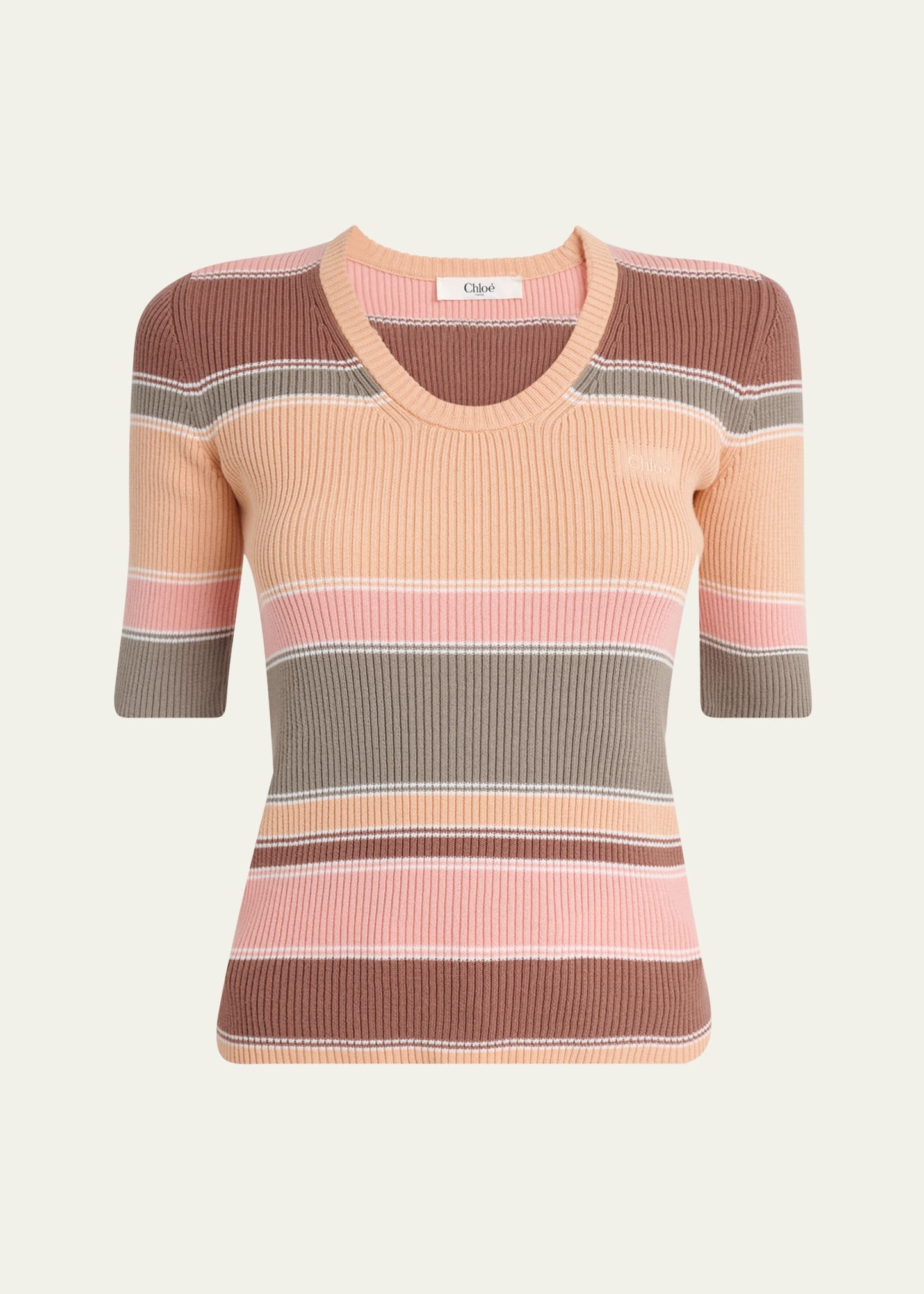 Striped Crewneck Rib Knit Cotton Top - 1