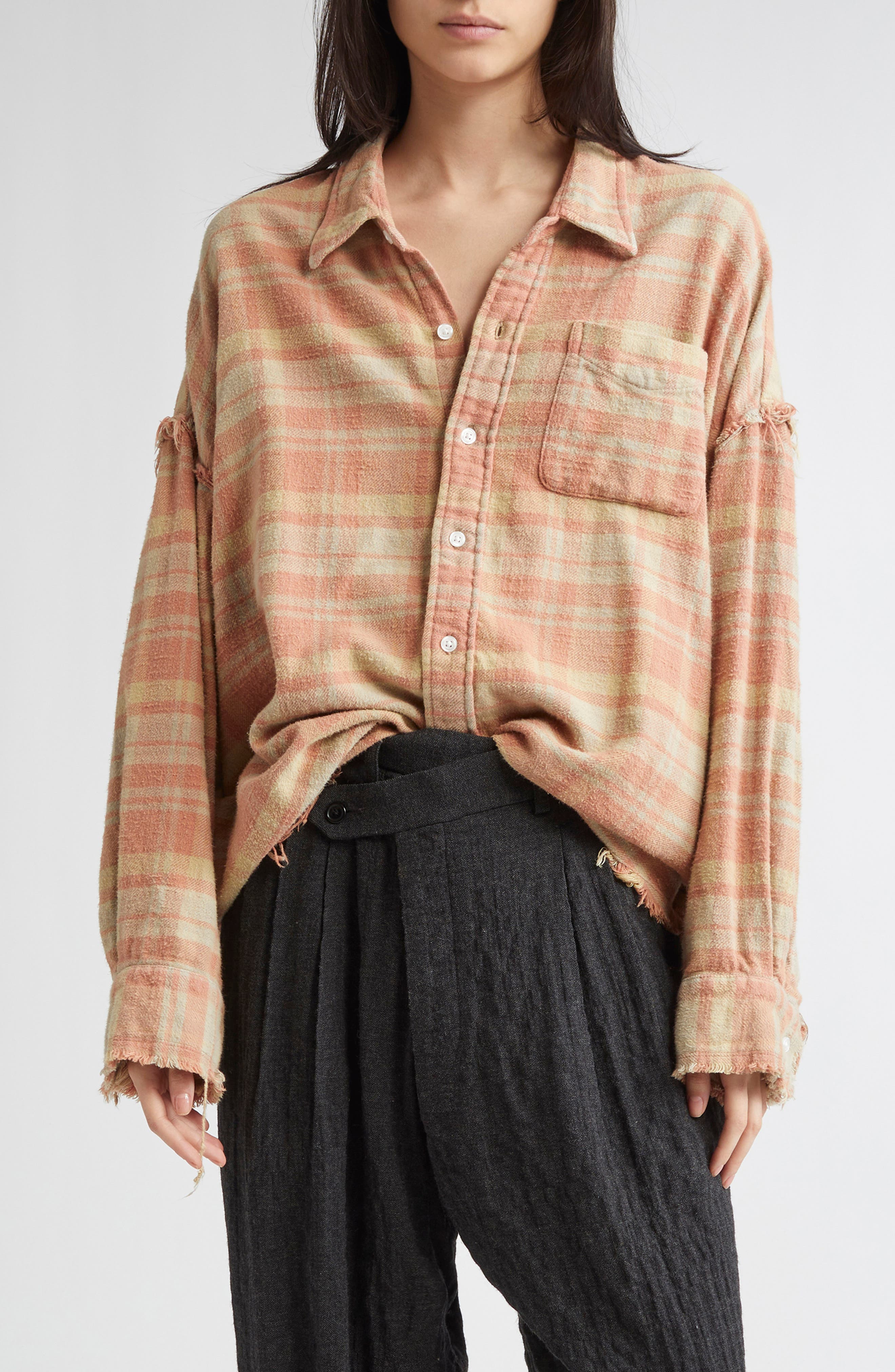 R13 Shredded Seam Drop Neck Plaid Flannel Button-Up Shirt in Washed-Out Red/Khaki Plaid at Nordstrom - 1