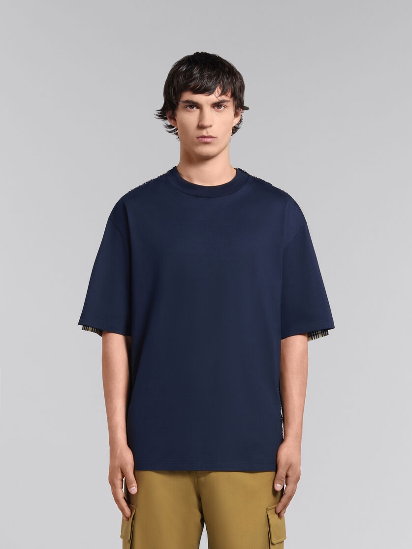 DEEP BLUE BIO COTTON T-SHIRT WITH CHECKED BACK - 2