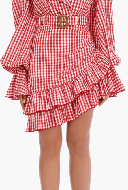 Short red and white gingham print asymmetrical high-waisted skirt - 5
