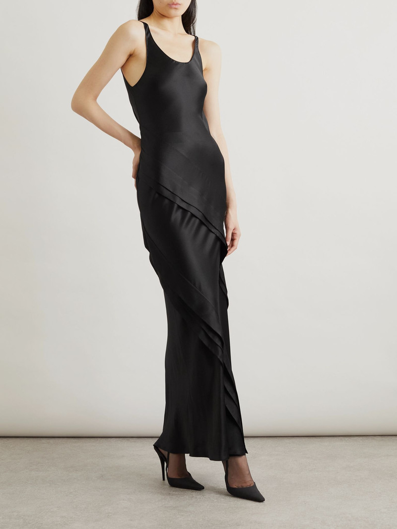 SAINT LAURENT Asymmetric tiered silk-satin maxi dress Black outlook