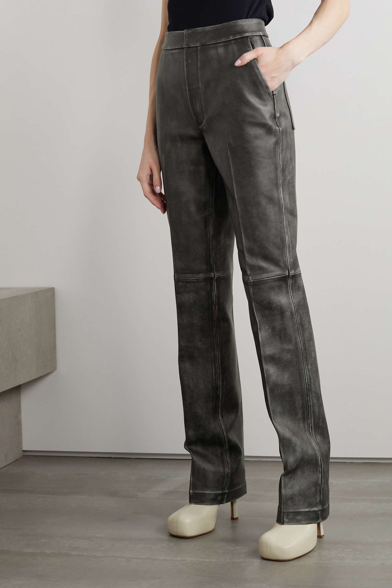 Paneled distressed leather slim-leg pants - 3