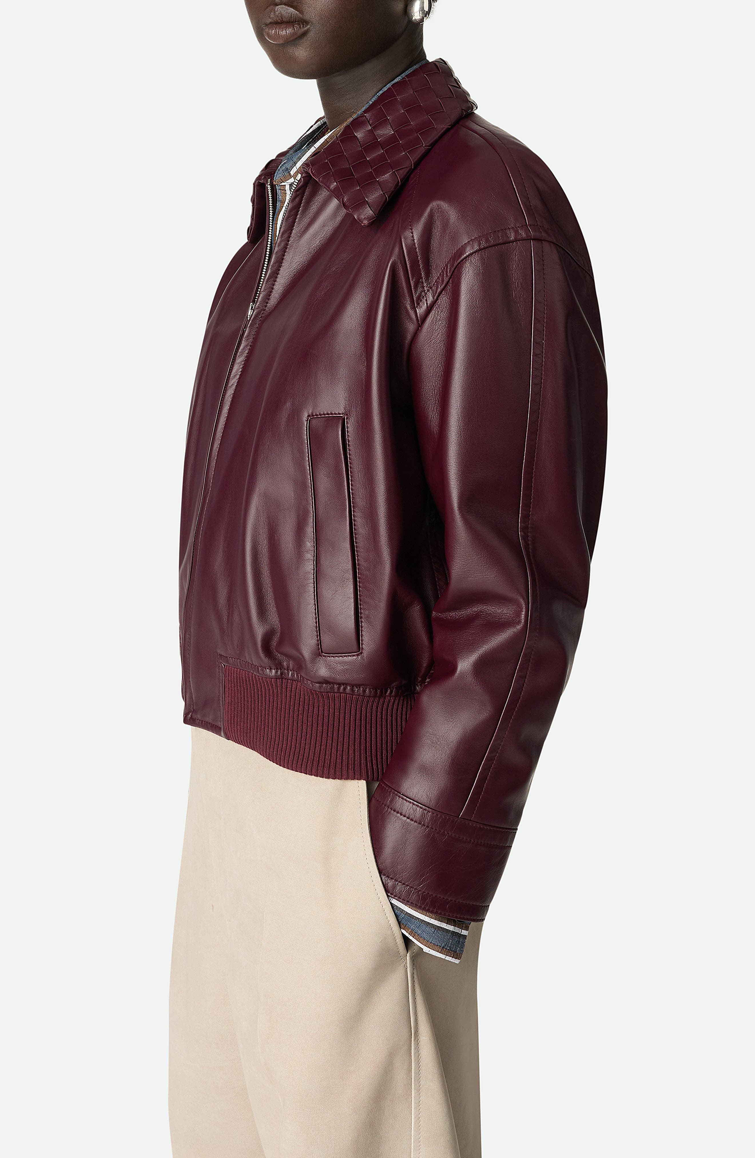 Bottega Veneta Intrecciato Collar Leather Bomber Jacket in Jam at Nordstrom - 3