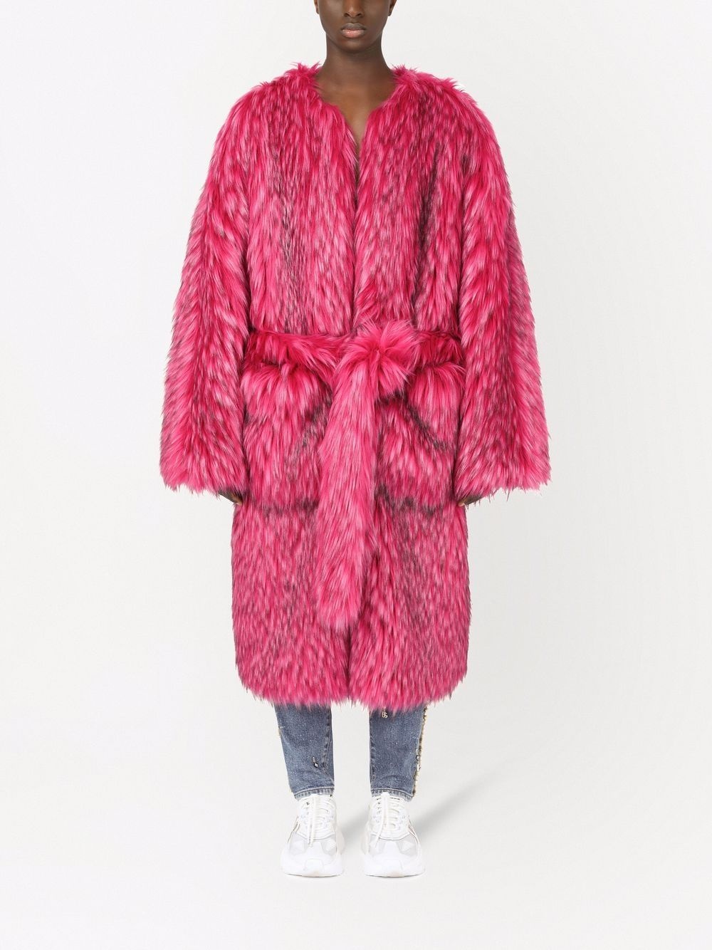 long belted faux-fur coat - 3