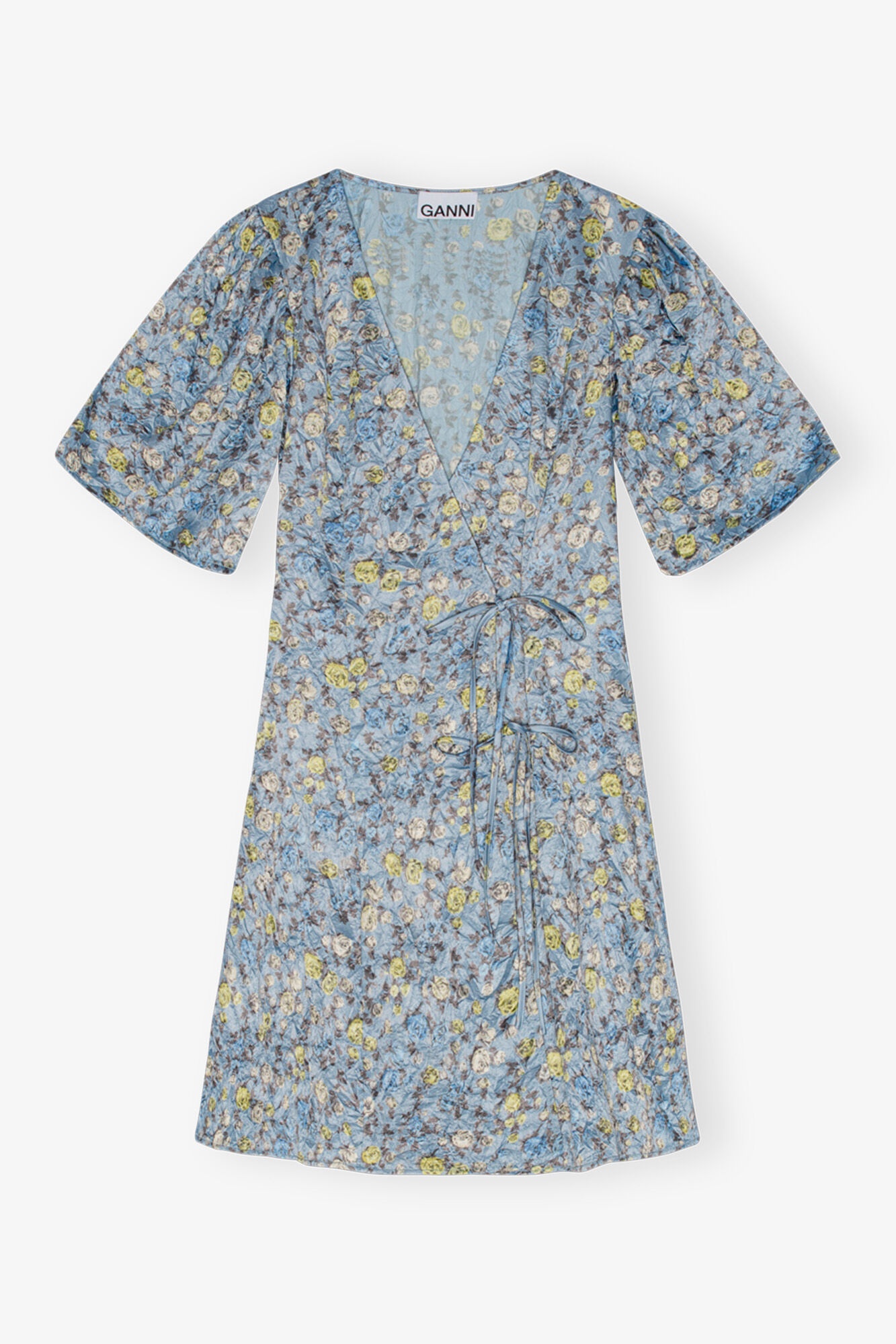 BLUE FLORAL PRINTED CRINKLED SATIN MINI WRAP DRESS - 1