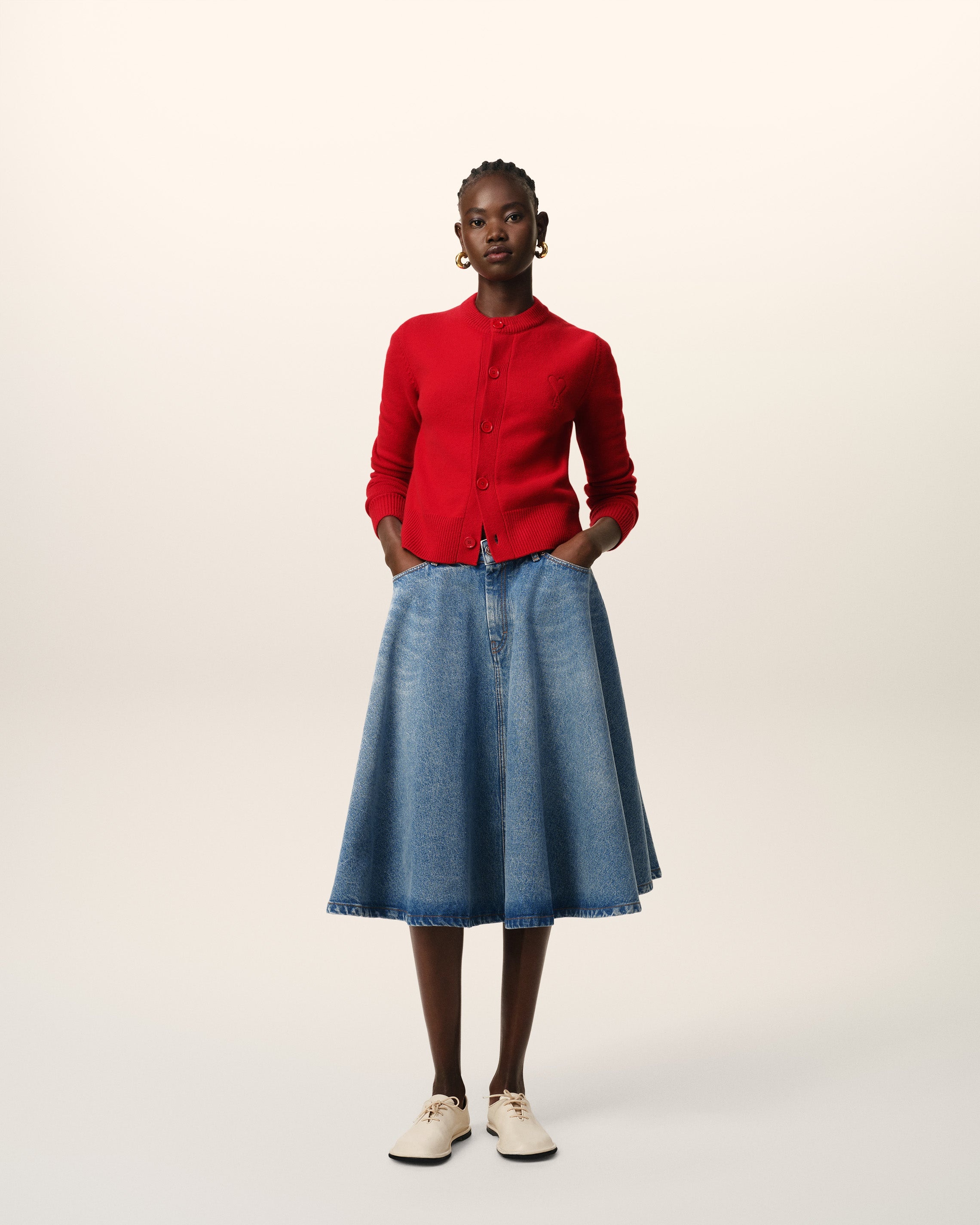 BLUE COTTON MIDI SKIRT WITH GODETS - 2