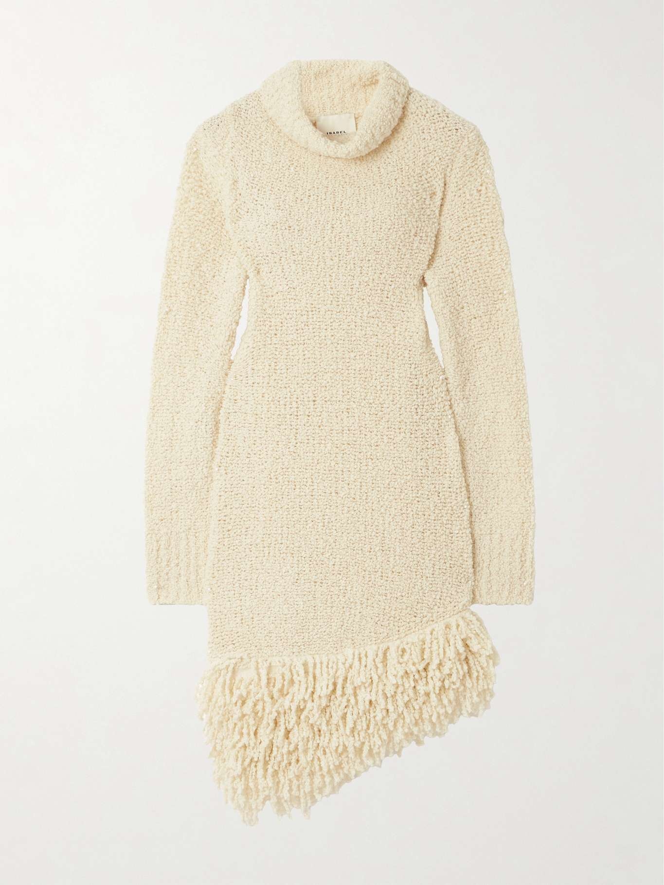 Fringed wool-blend bouclé turtleneck midi dress - 1