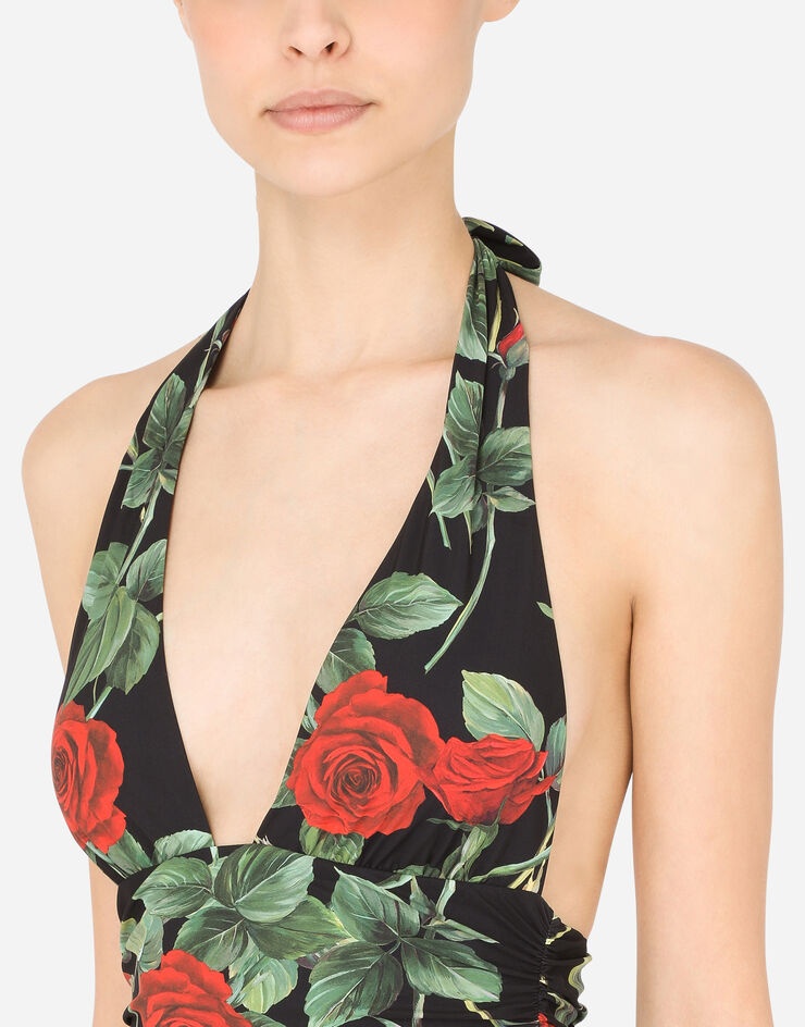 Rose-print one-piece swimsuit with plunging neckline - 4