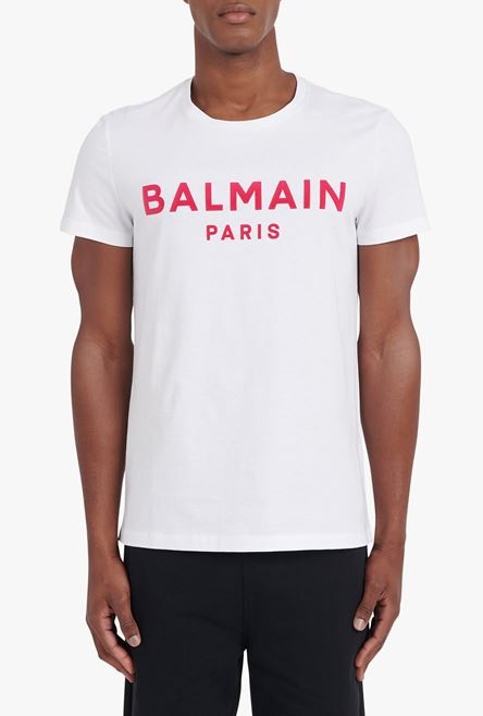 White cotton T-shirt with flocked fuchsia Balmain logo - 5