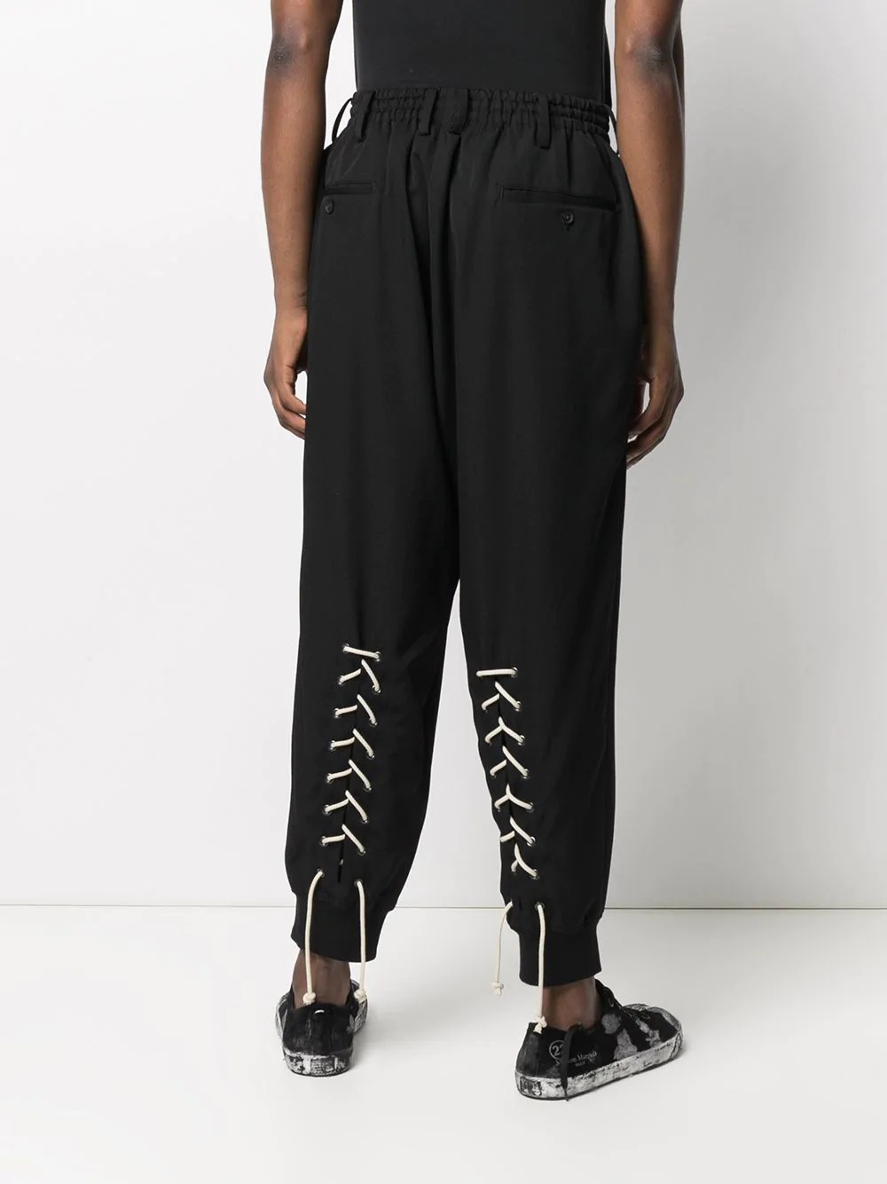 lace-up drop-crotch wool trousers - 4