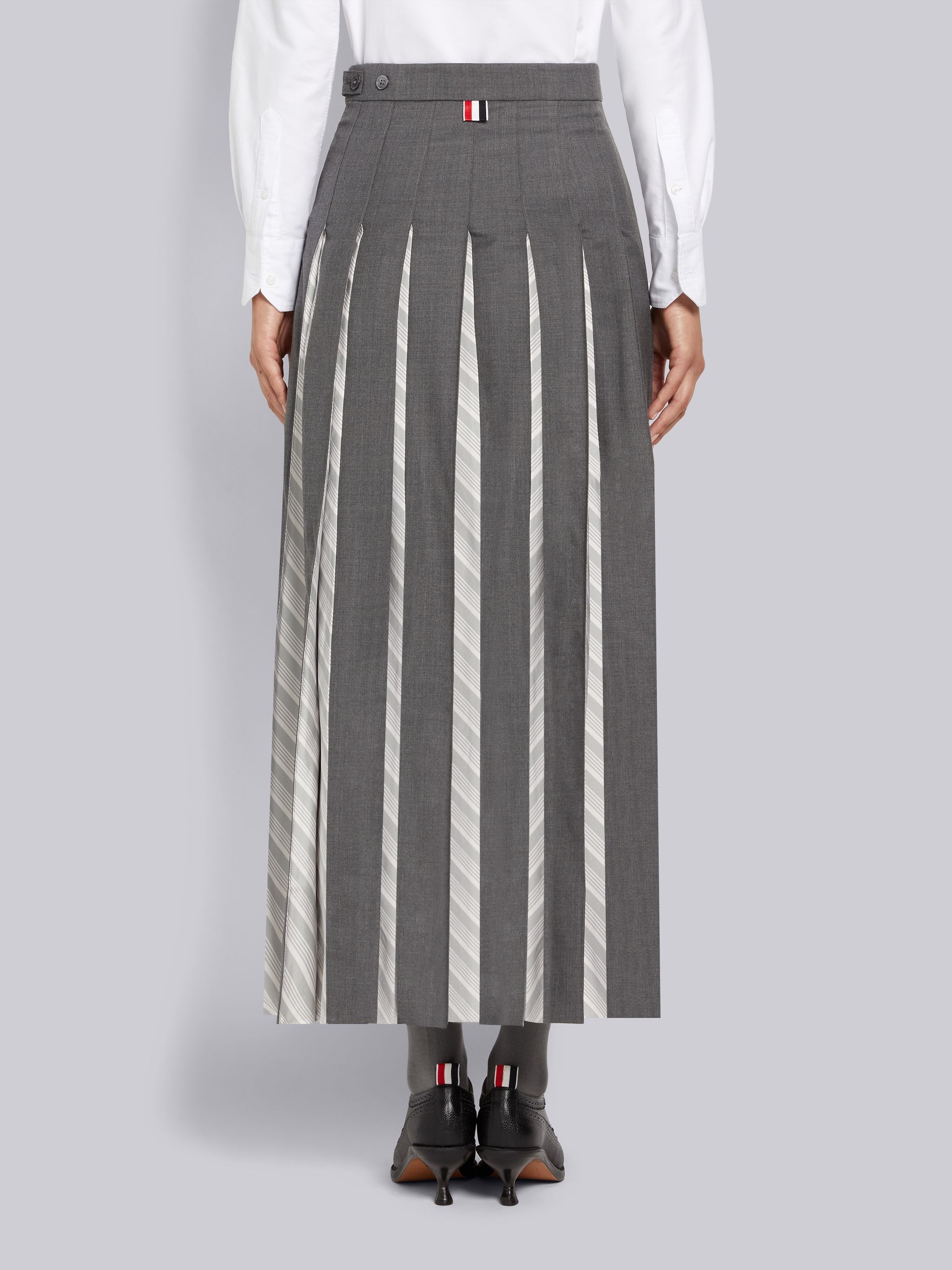 Medium Grey Super 120's Twill Silk Jacquard Pleat Dropped Back Half Pleated Trouser Length Skirt - 3
