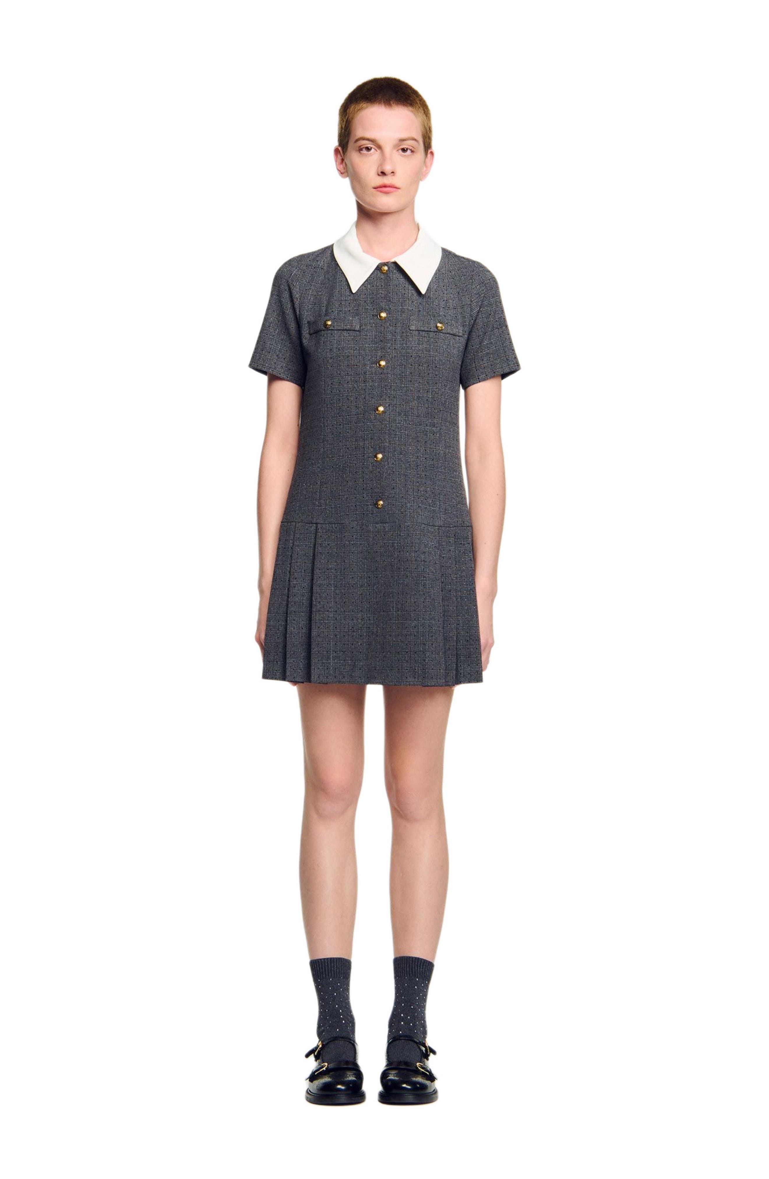 SANDRO Short pleated dress with rhinestones in Grey /Brown at Nordstrom - 1